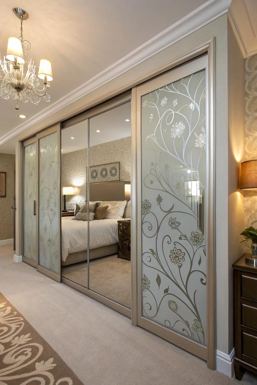 Artistic style with etched glass designs.