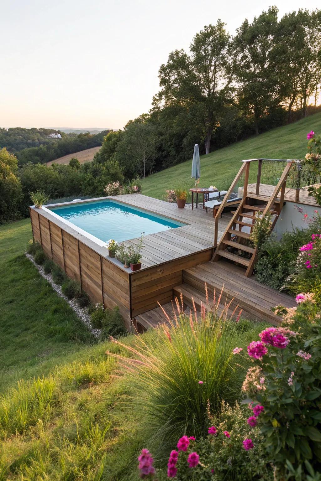 An elevated above-ground pool maximizing a sloping yard.