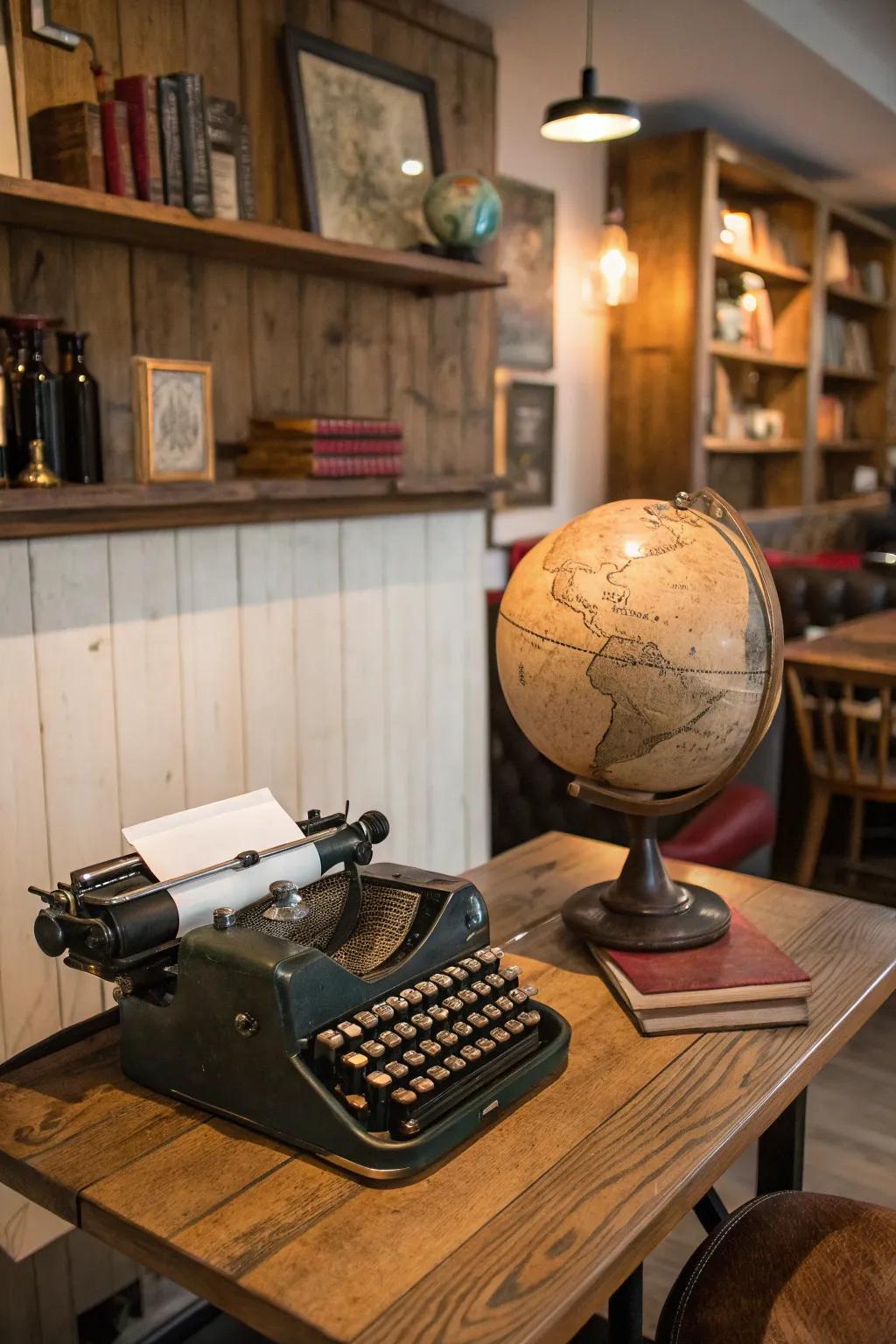 Historic typewriter and old terrestrial globe as unique conversation starters