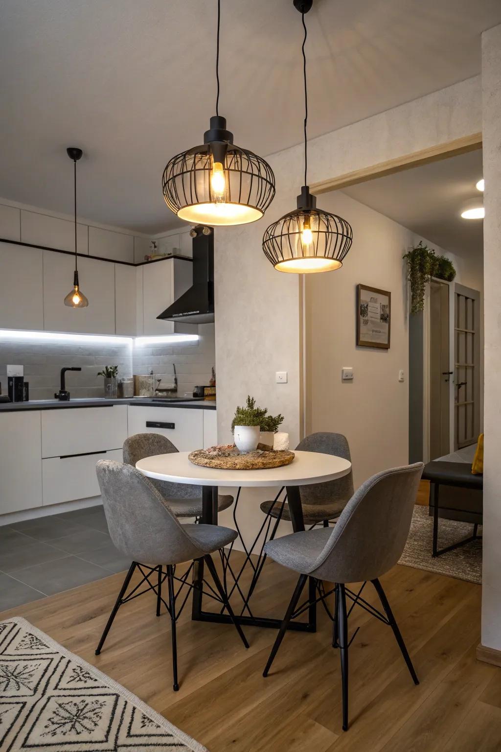Pendant lighting adds style without using floor space.
