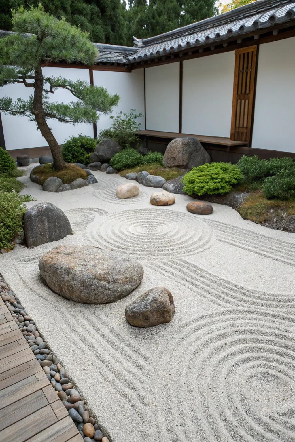 A minimalist zen garden showcasing stones and patterned sand for a simple, calming design.
