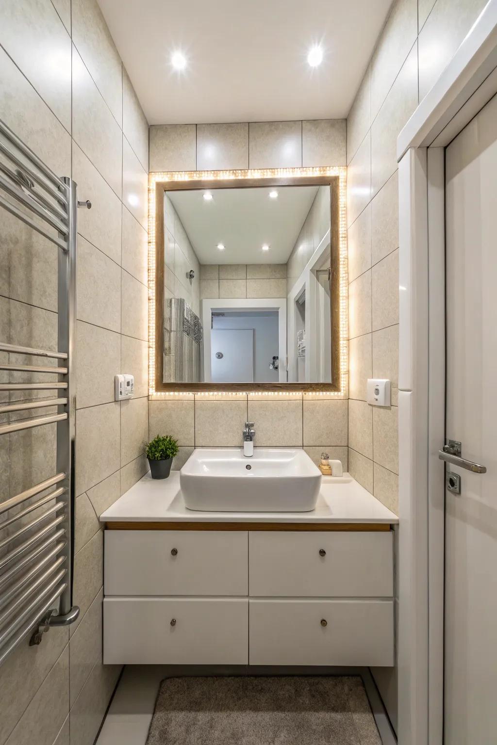 Large mirrors enhance light and introduce depth to small bathrooms.
