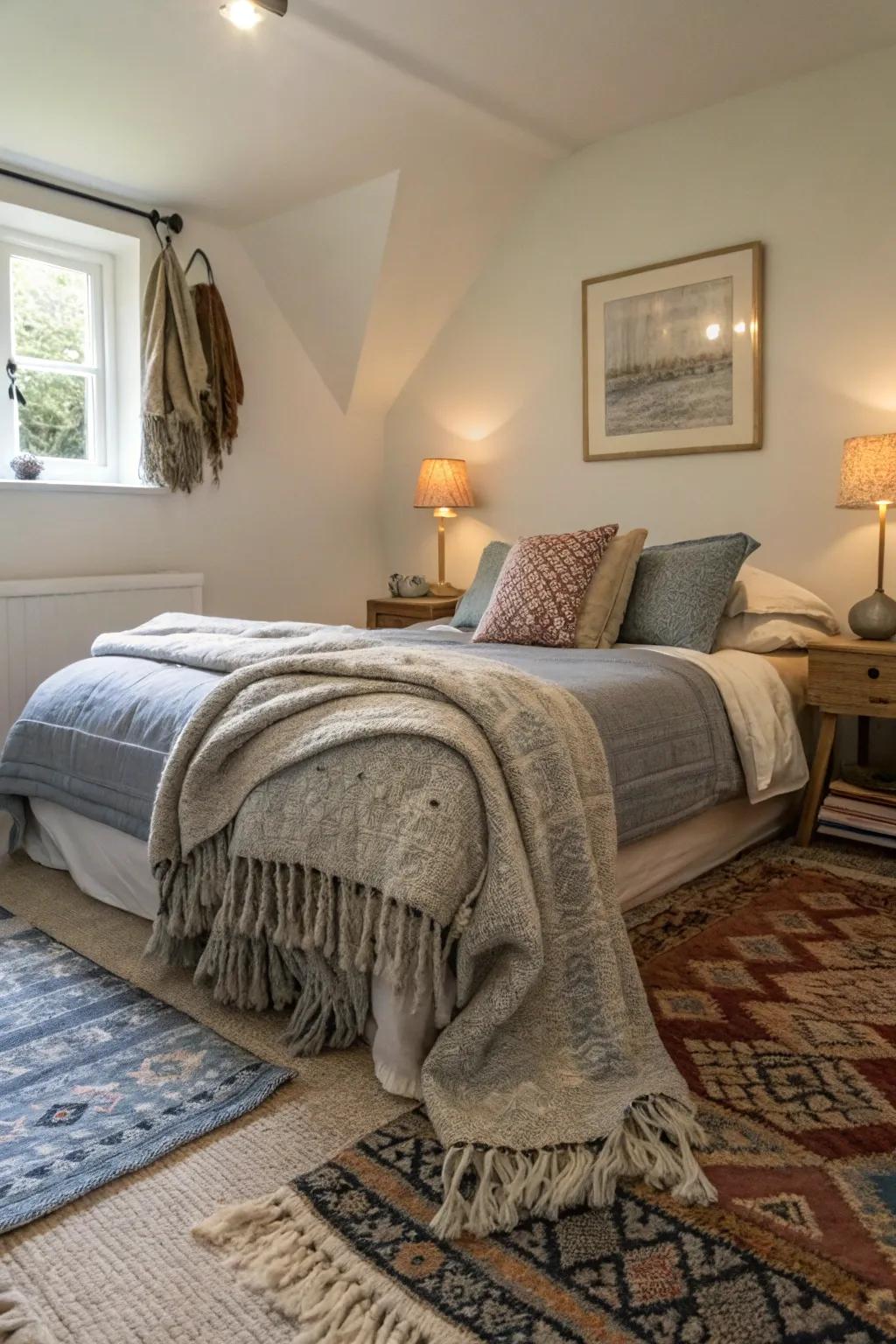 A small bedroom featuring layers of textiles and rugs that provide additional warmth.