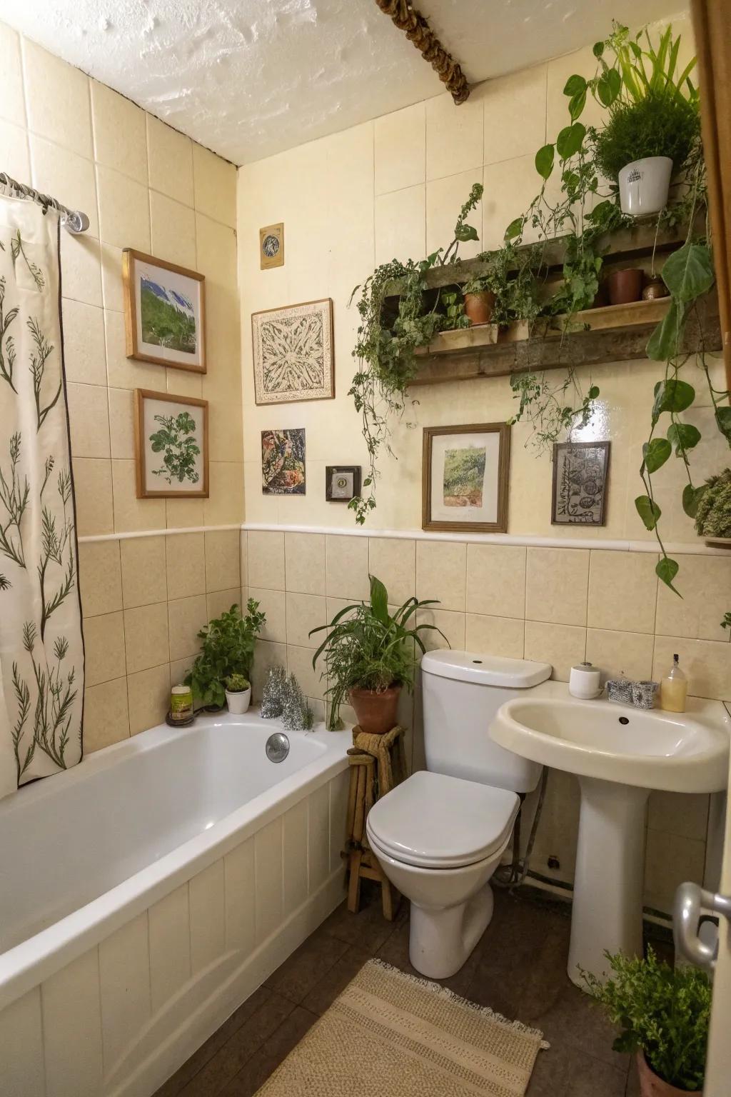 A tailored small bathroom enriched with plants and art.