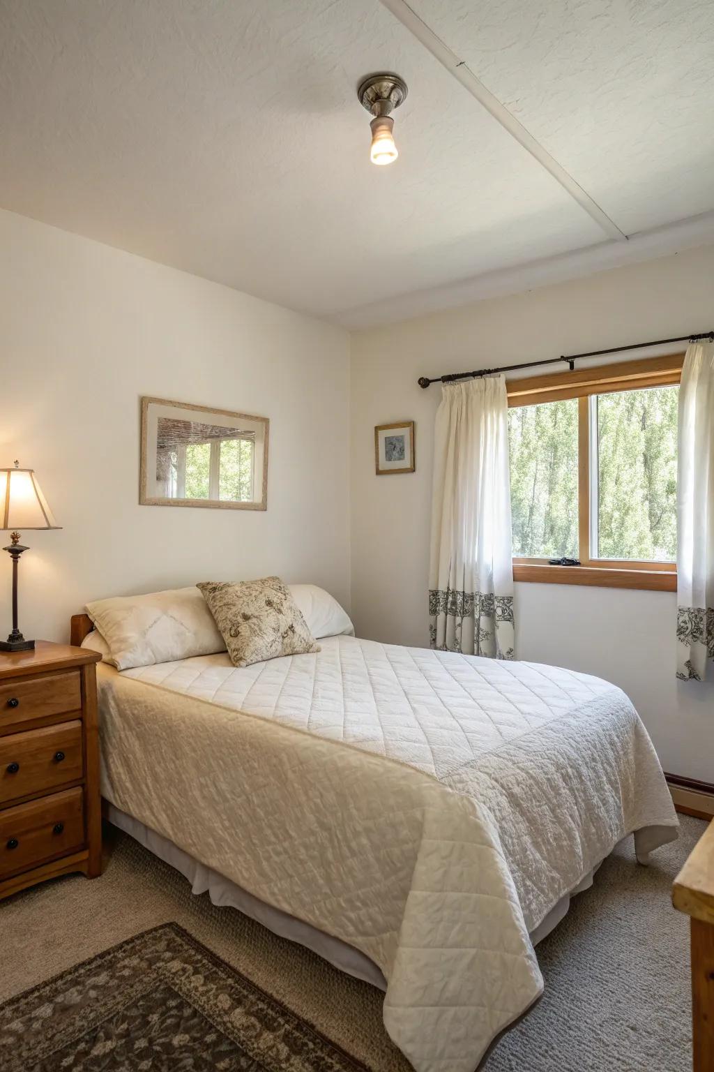 A minimalist approach maintains an unrestricted and serene ambiance within this cottage slumbering quarters.