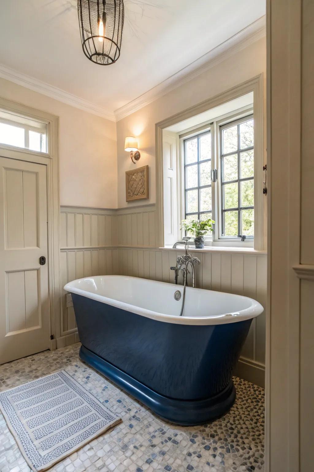 The deep blue soaker stands as an elegant focal point in this light-filled bathroom.