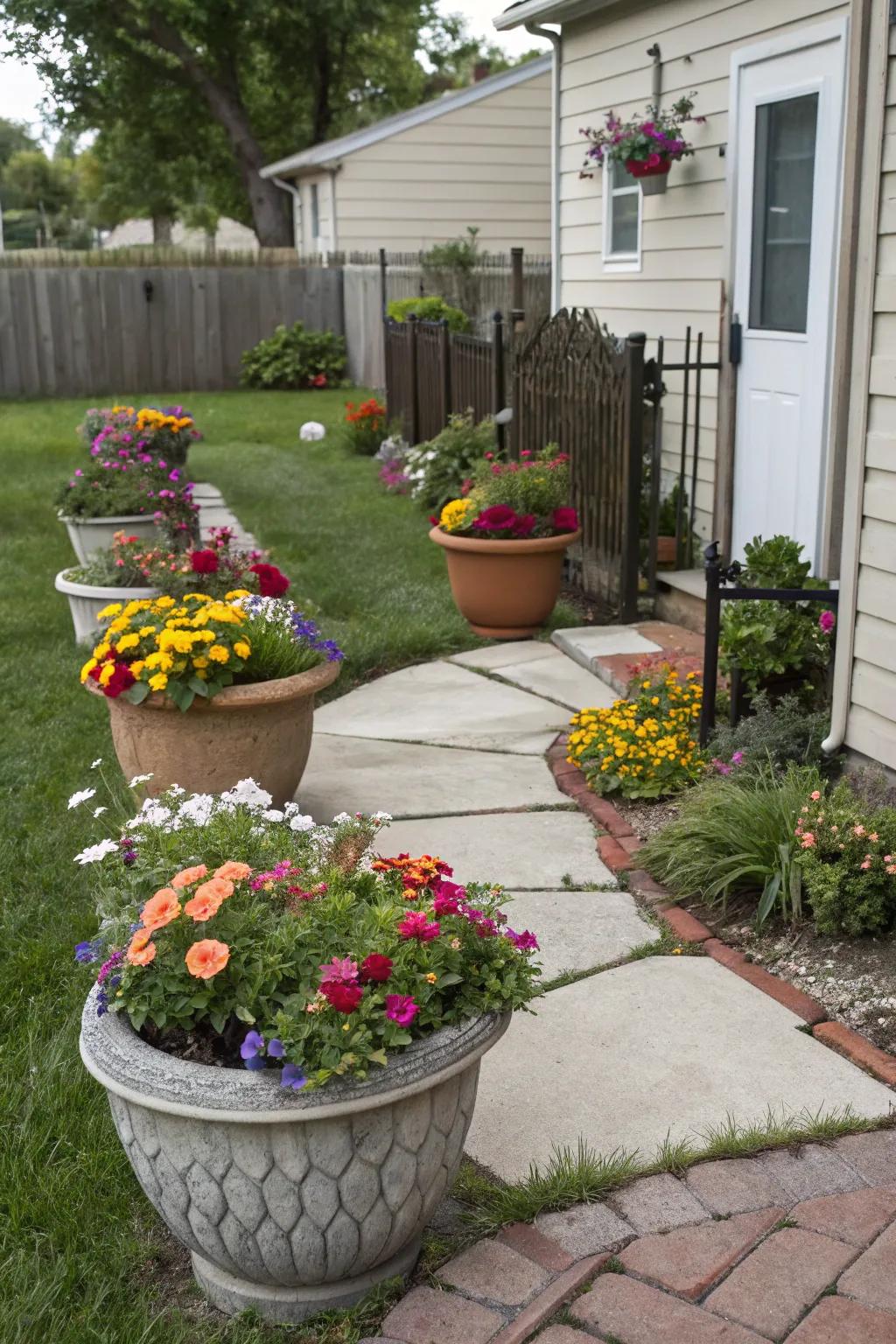 Planters provide versatility and seasonal colour.