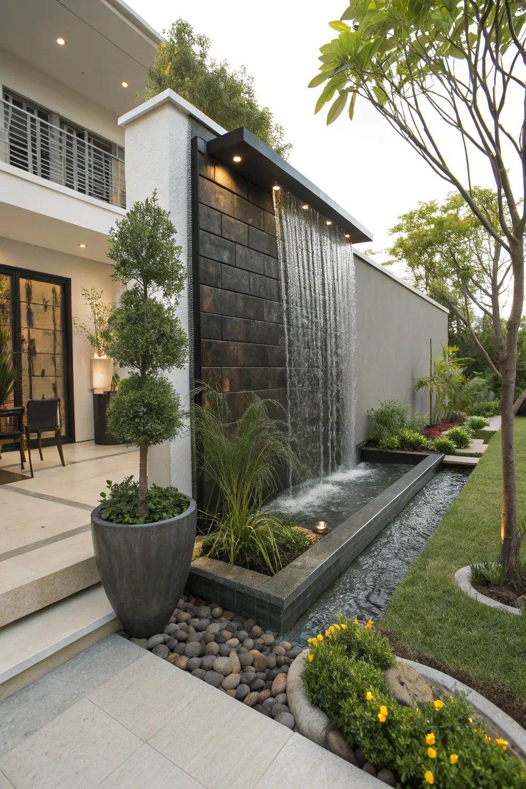 A falling water divider provides a dramatic visual element.