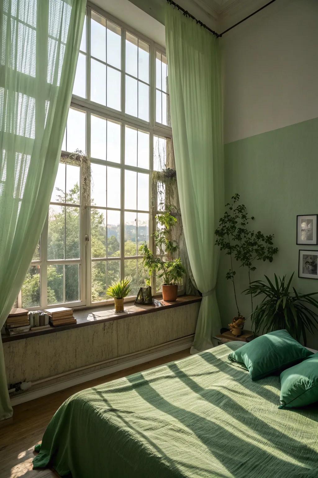 Natural illumination enhances the vibrancy of a verdant bedroom.
