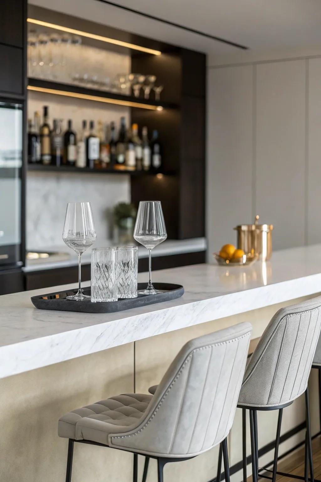 An understated design results in a relaxed and contemporary home bar setting.