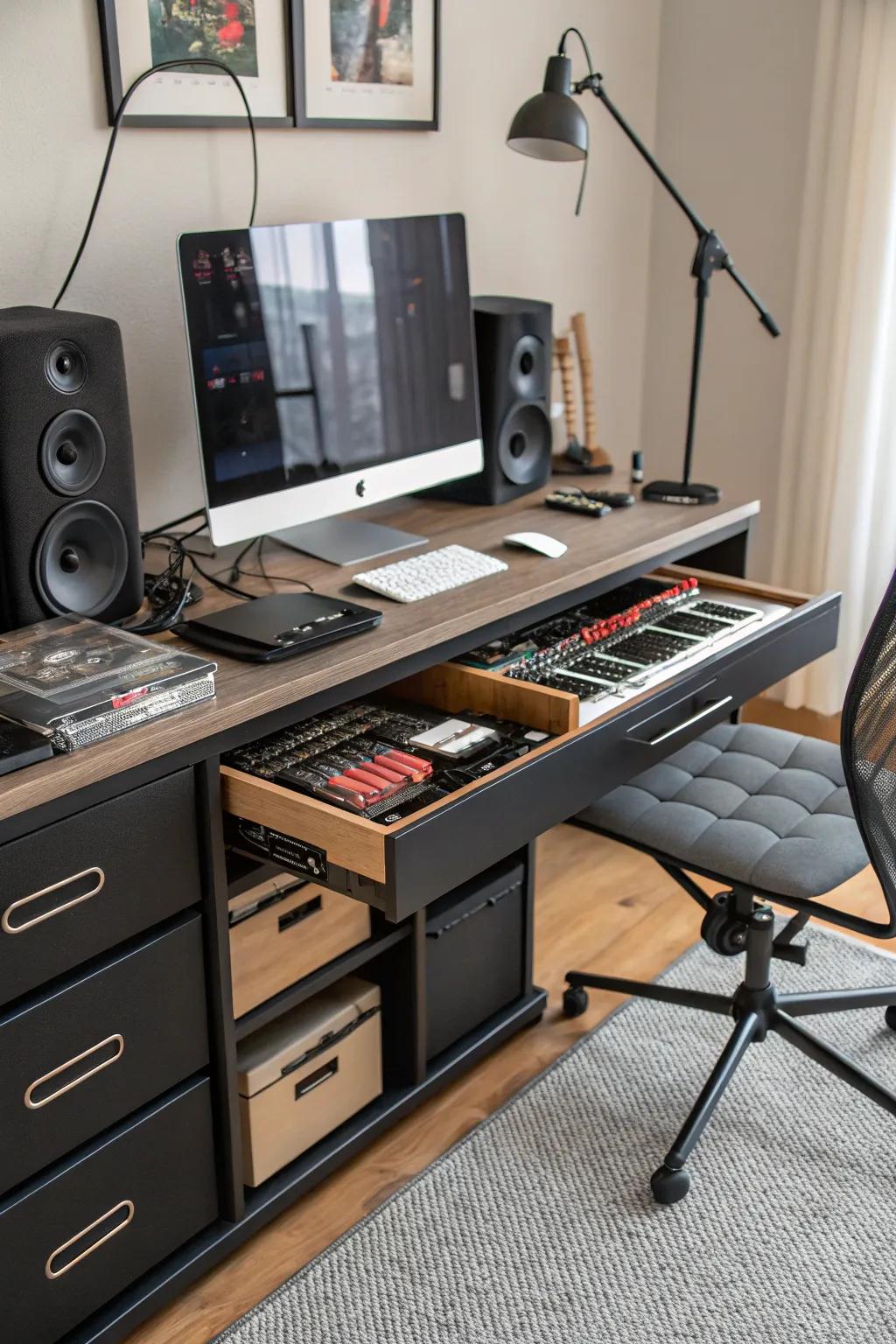 Under-desk storage aids in maintaining a neat and organized studio.