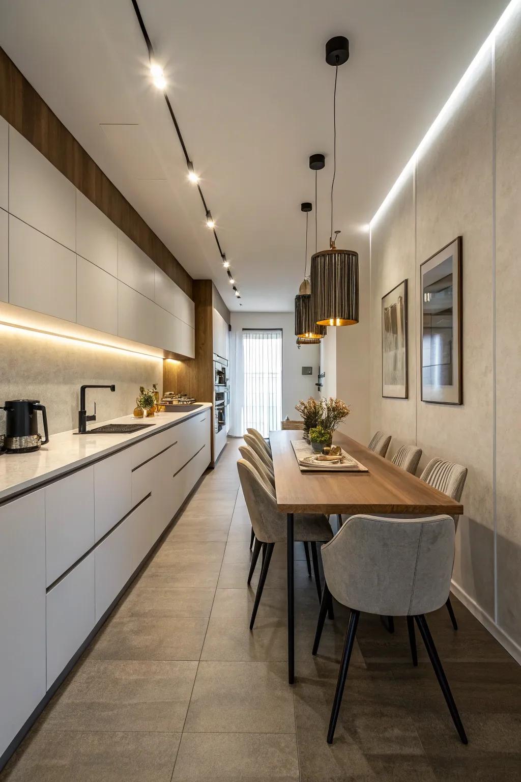 A slim rectangular table that blends seamlessly into tight spaces.