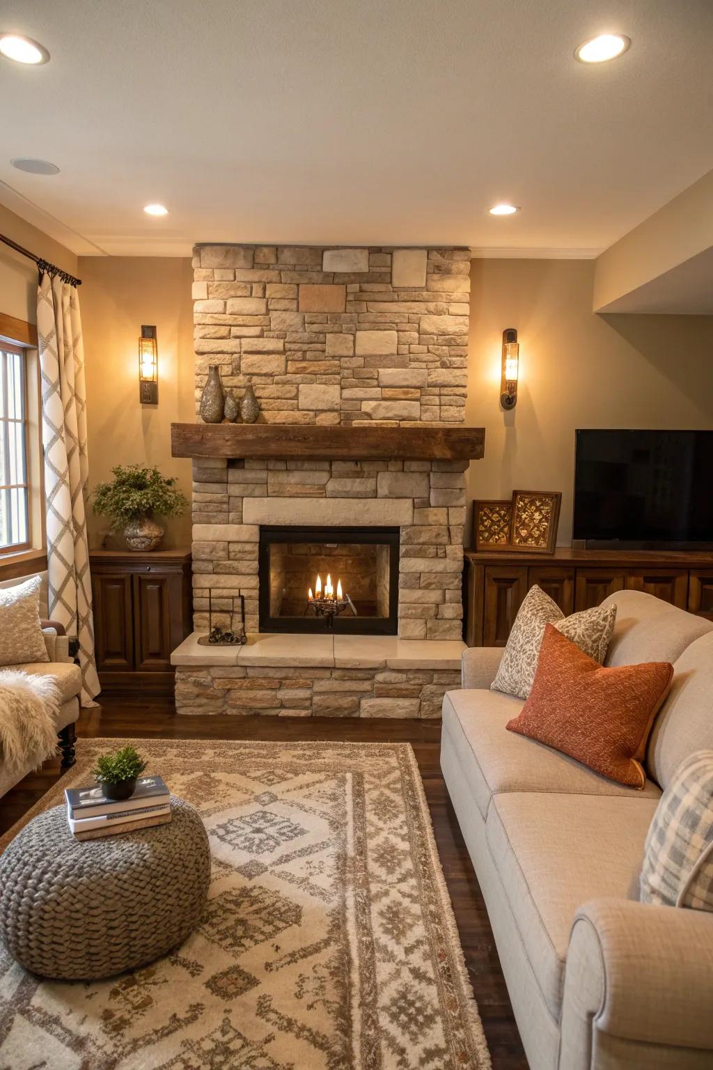 Surfaces such as stone or brick offer depth and rustic charm to your fireplace area.