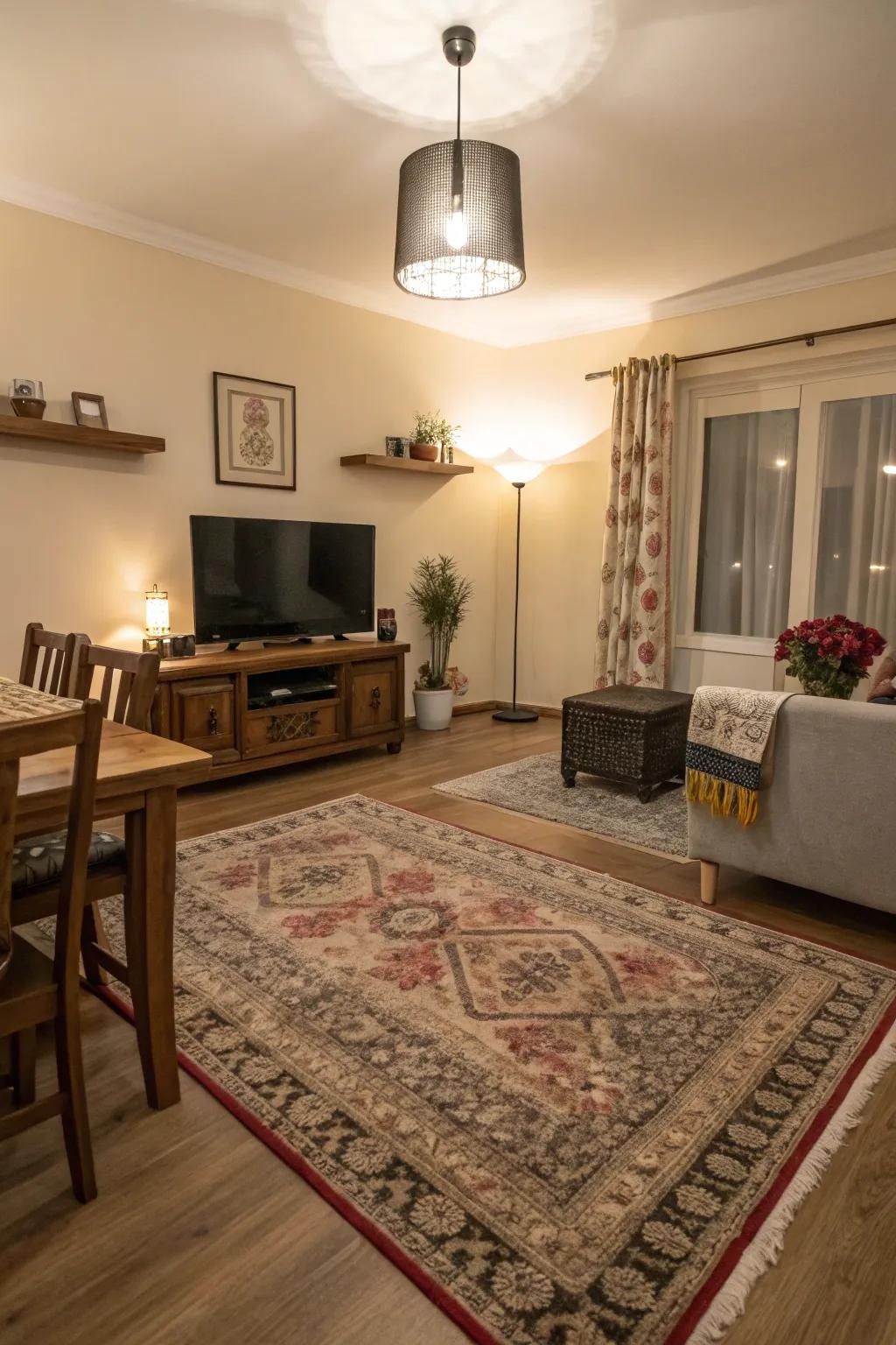 Strategically placed rugs separate different functional spaces.