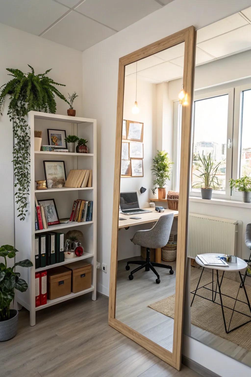 A large mirror in the office creating a sense of enhanced depth.