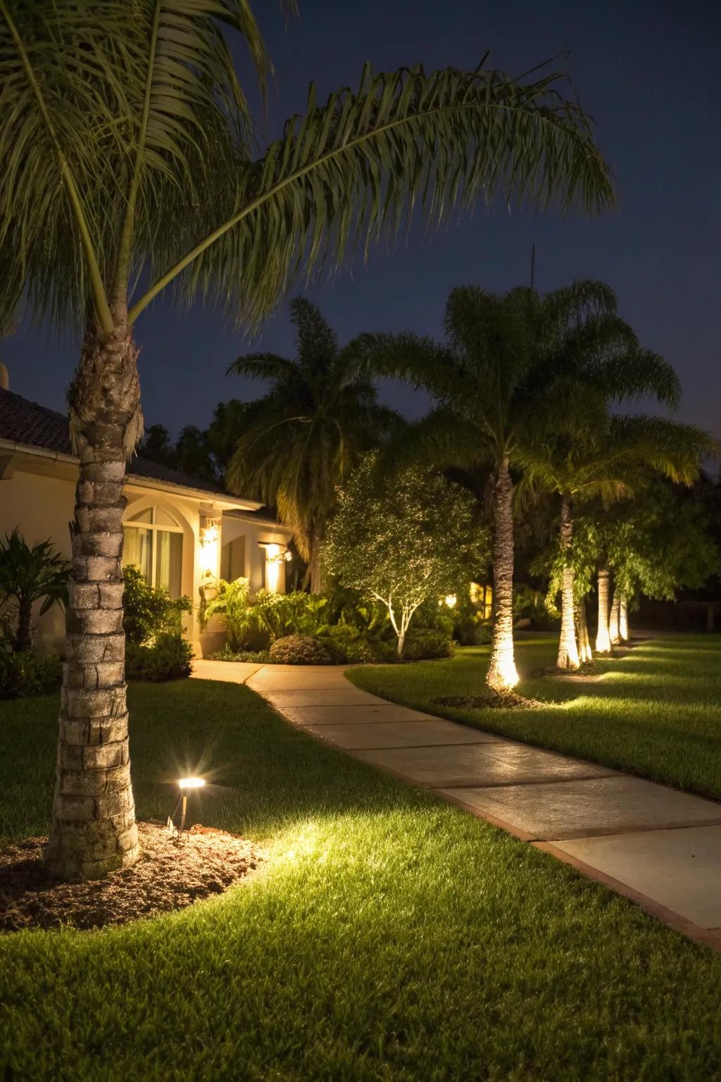 Landscape lighting transforms palms into stunning nighttime attractions.