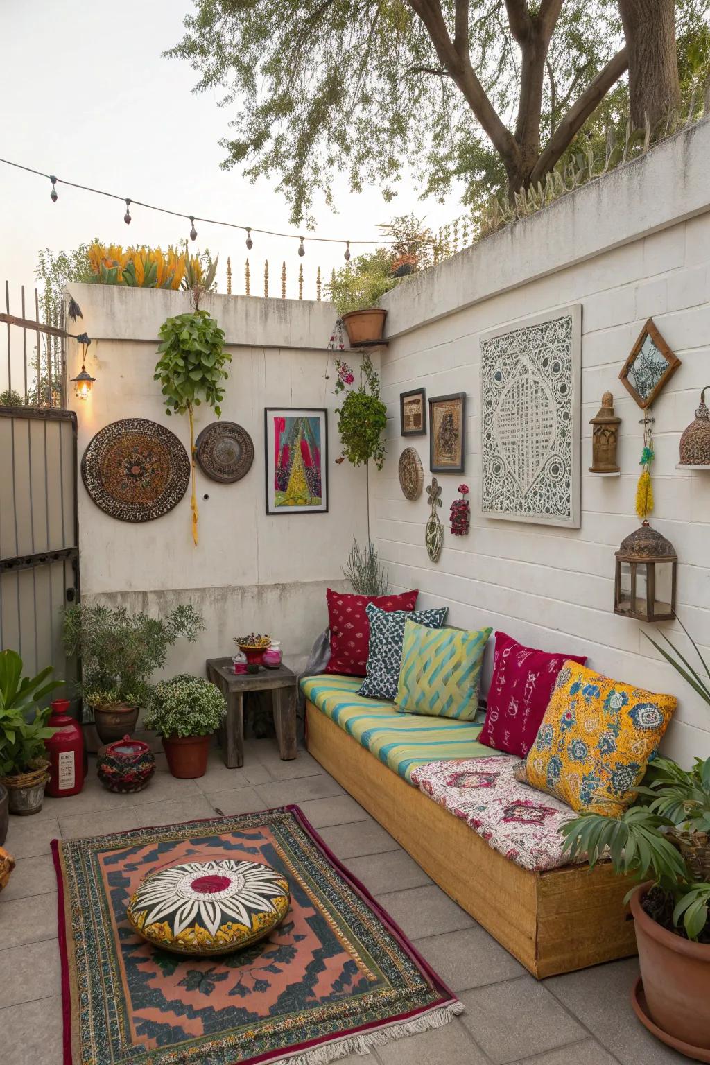 A small patio personalized with unique designs and decorations.