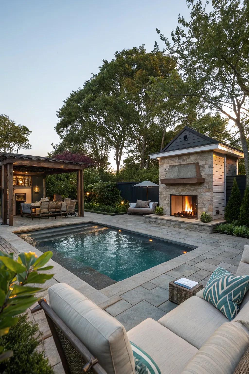 An exterior lounge area by the pool extends the home's living space into the garden.