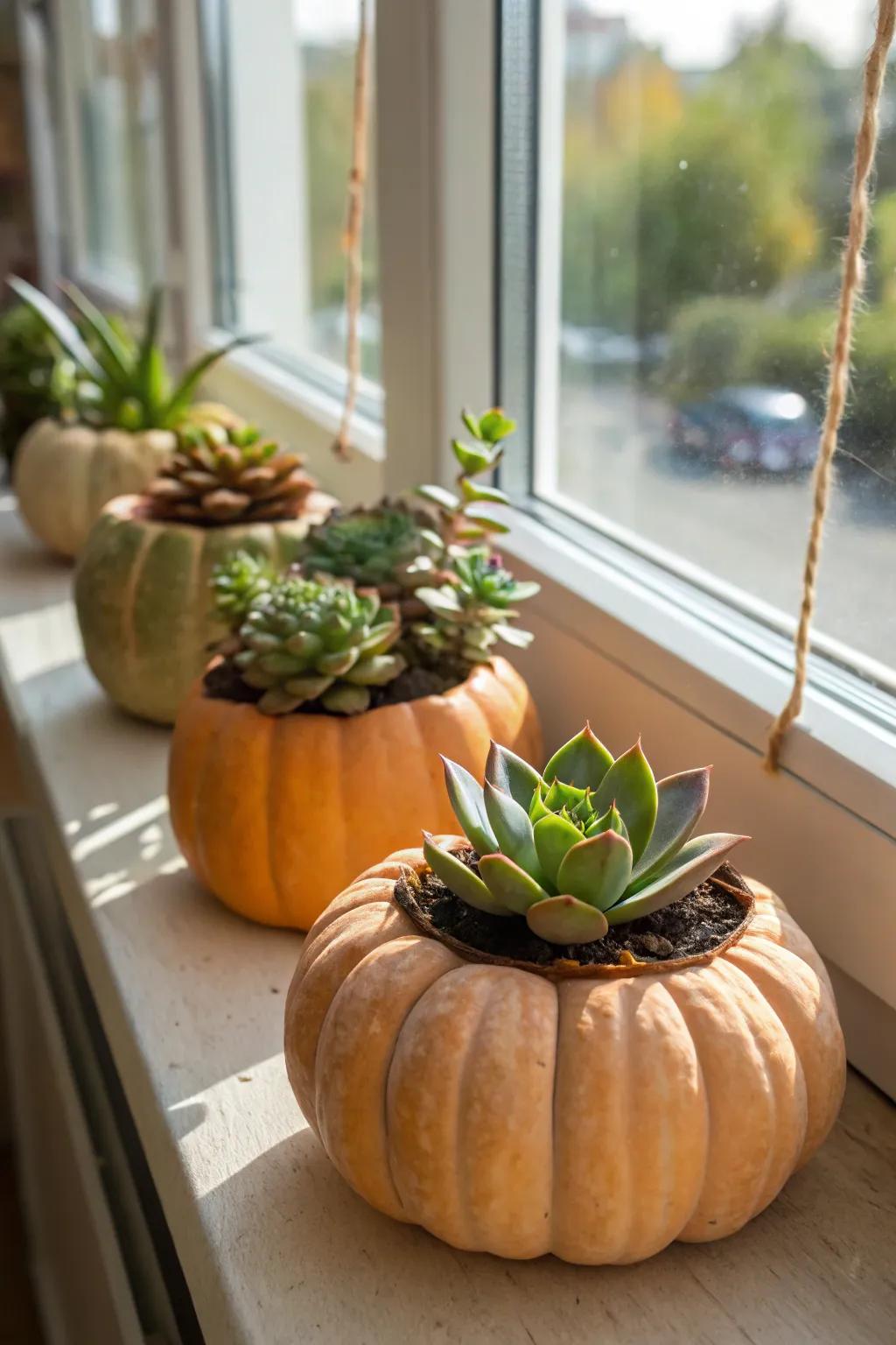 Succulent-laden squashes contribute a hint of verdure to fall décor.