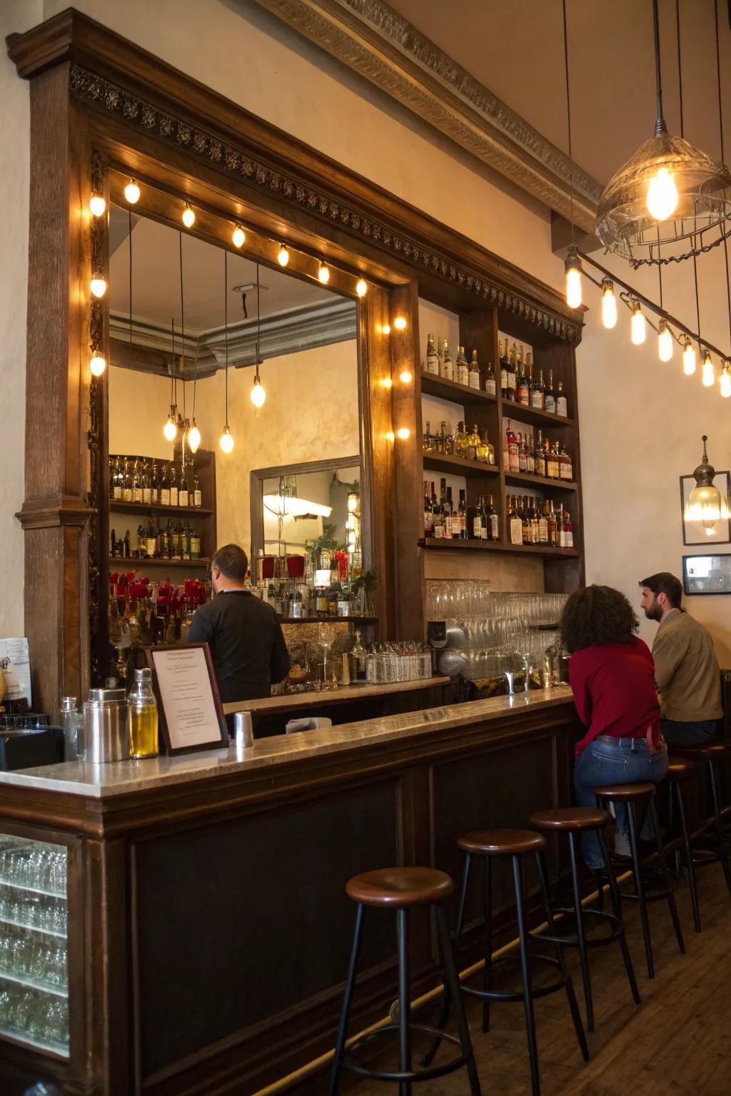 A substantial mirror positioned behind the bar enhancing the sense of space and light in a confined setting.