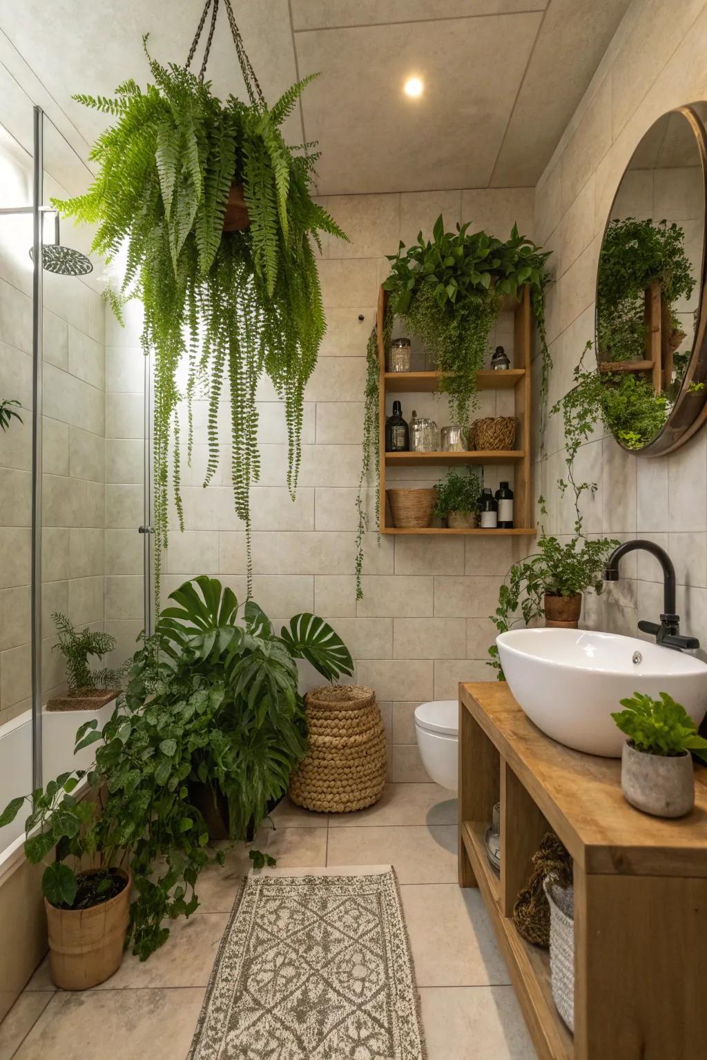Plants and decor add personality to small shower rooms.