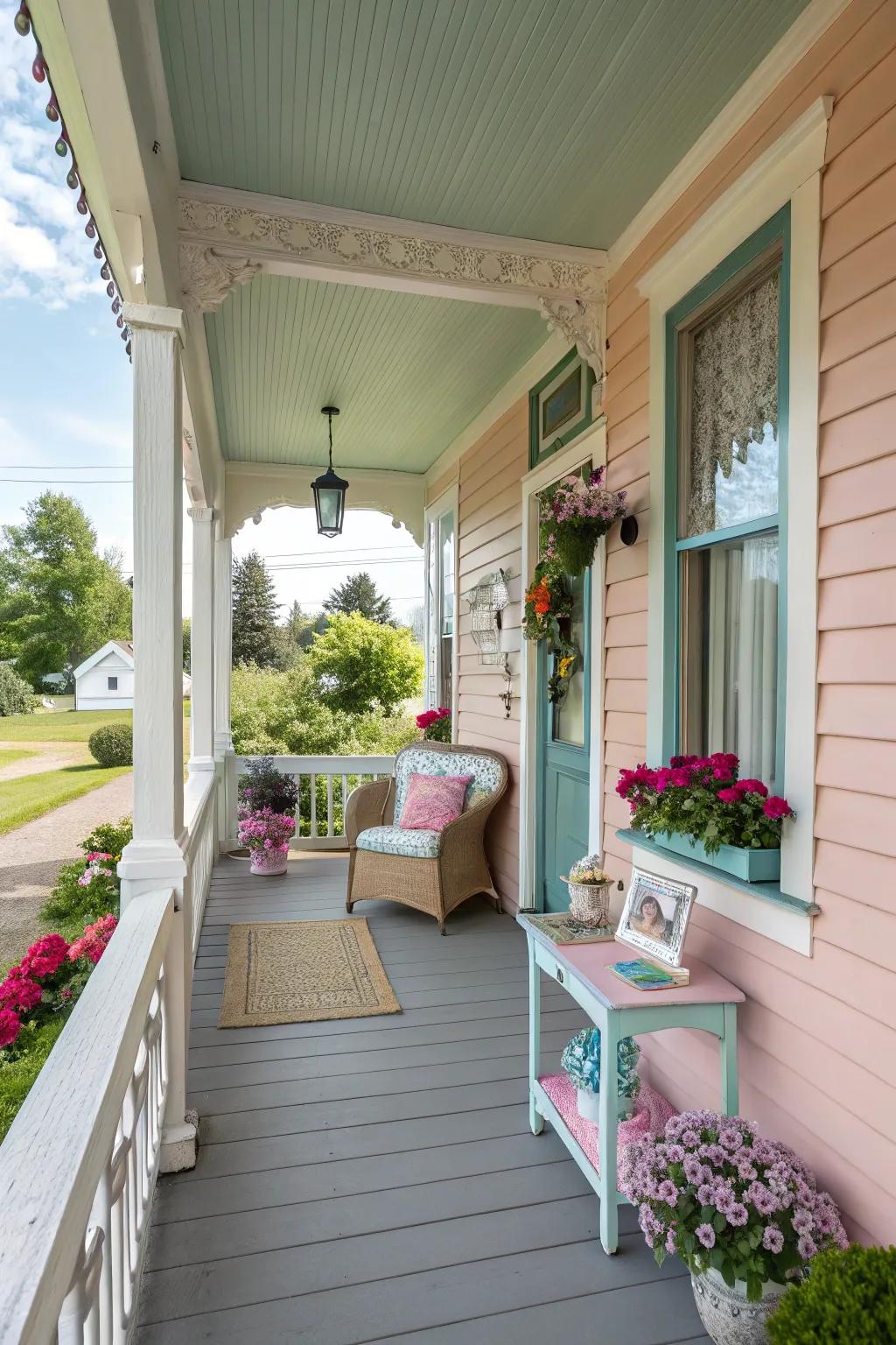 A side porch painted in gentle pastel colors with vibrant decorative touches.