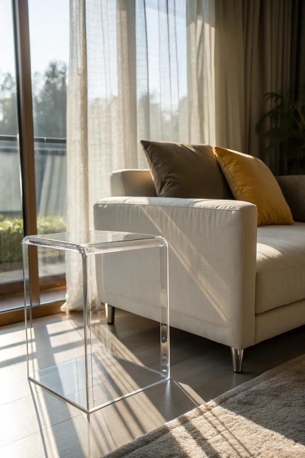 Acrylic tables enhance space and brightness in compact areas.