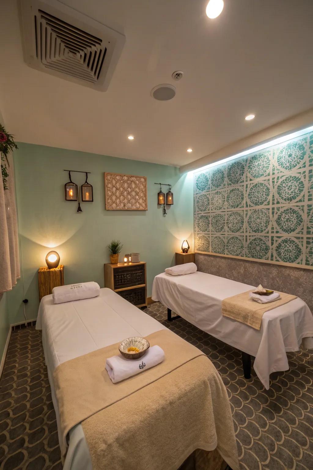 Ambient scents and sounds create a multi-sensory relaxation experience.