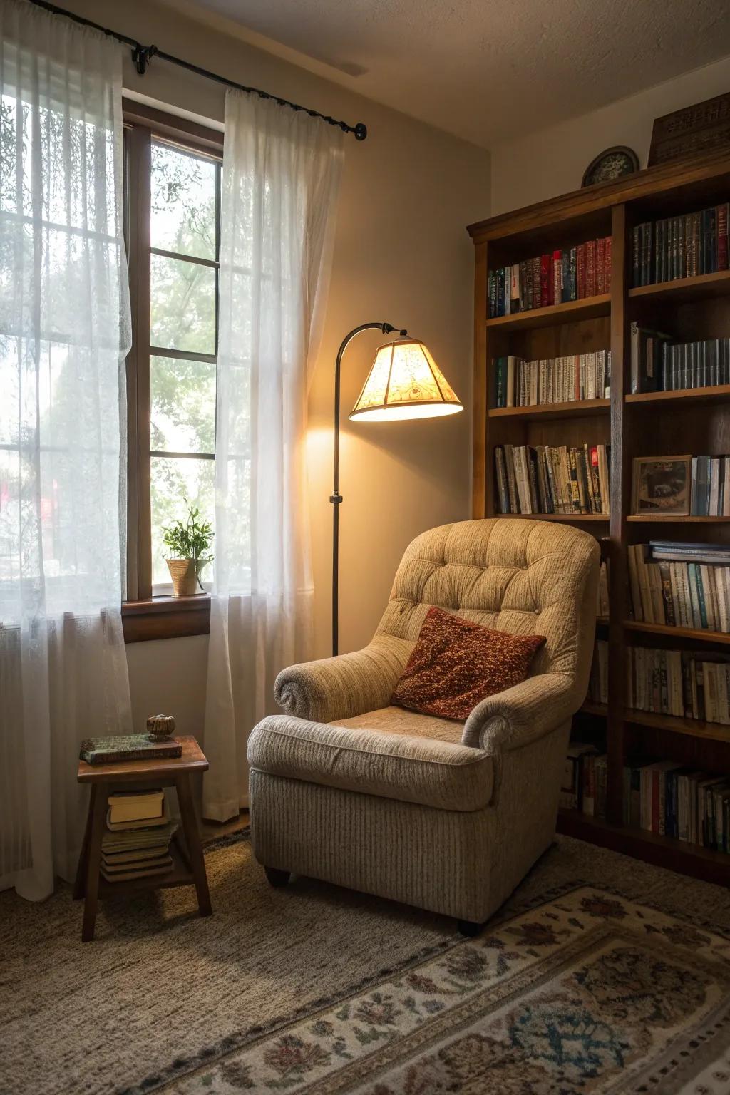 A reading area offers a peaceful retreat for book lovers.