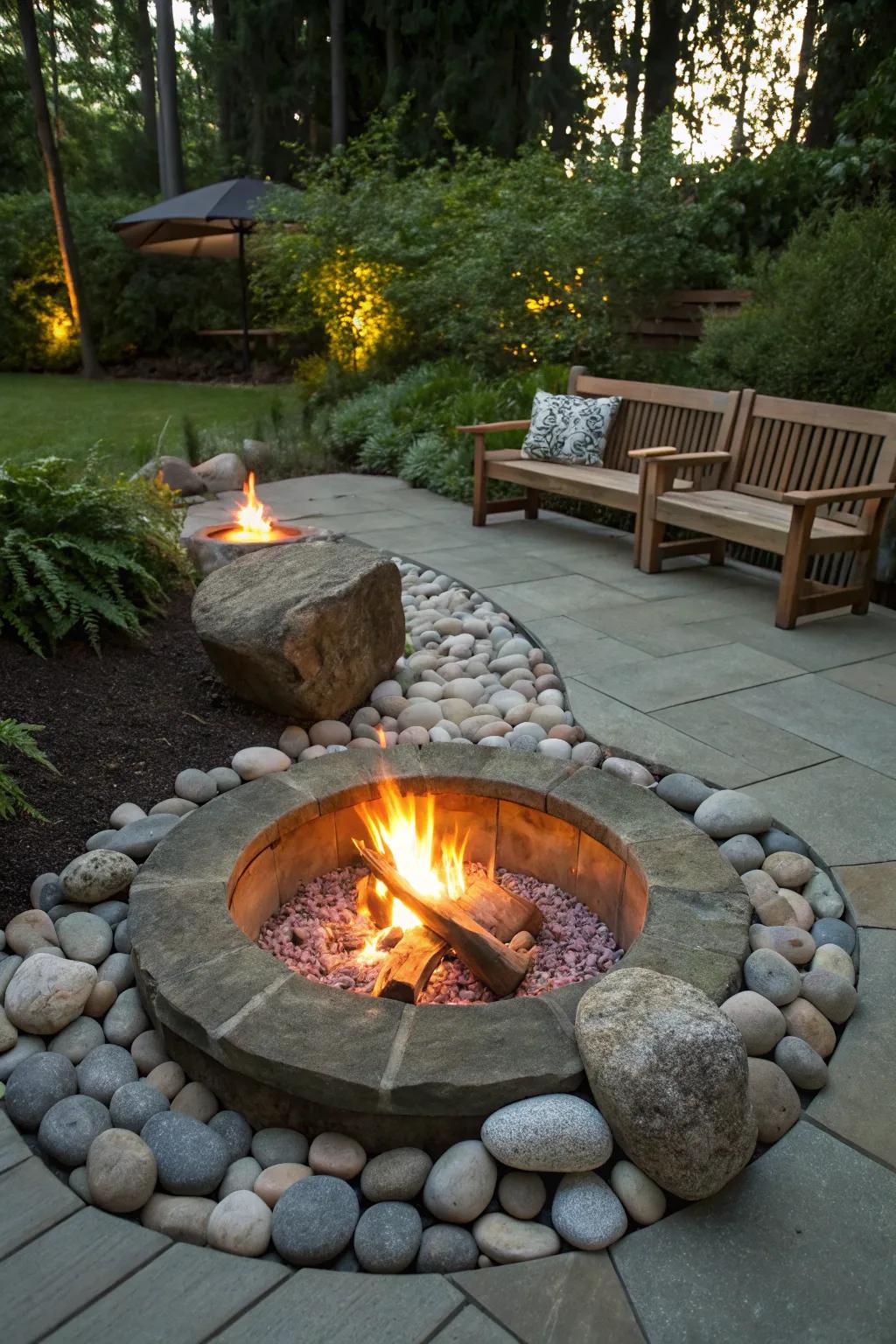An inviting fire area elevated with ornamental rocks.