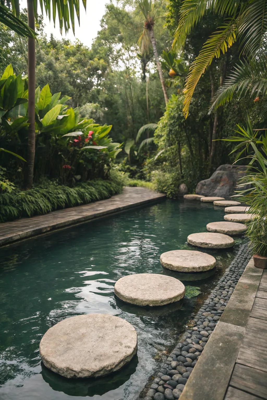 Suspended walkways fashion a captivating route across your tropical pool.