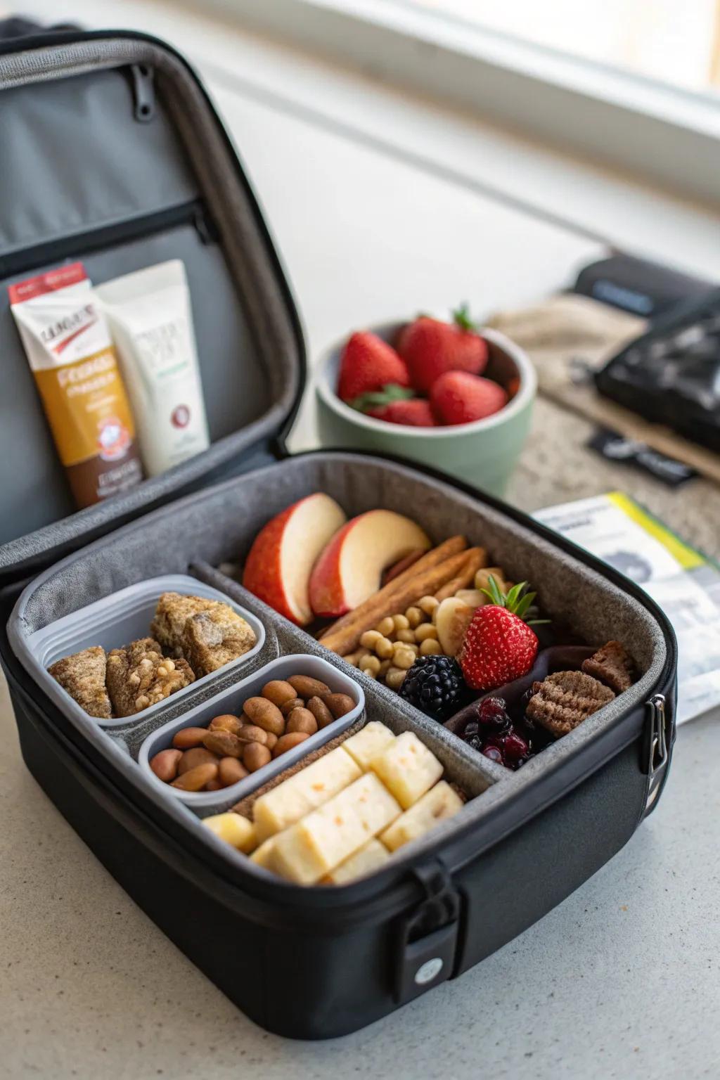 A mobile snack caddy keeps snacks arranged while traveling.
