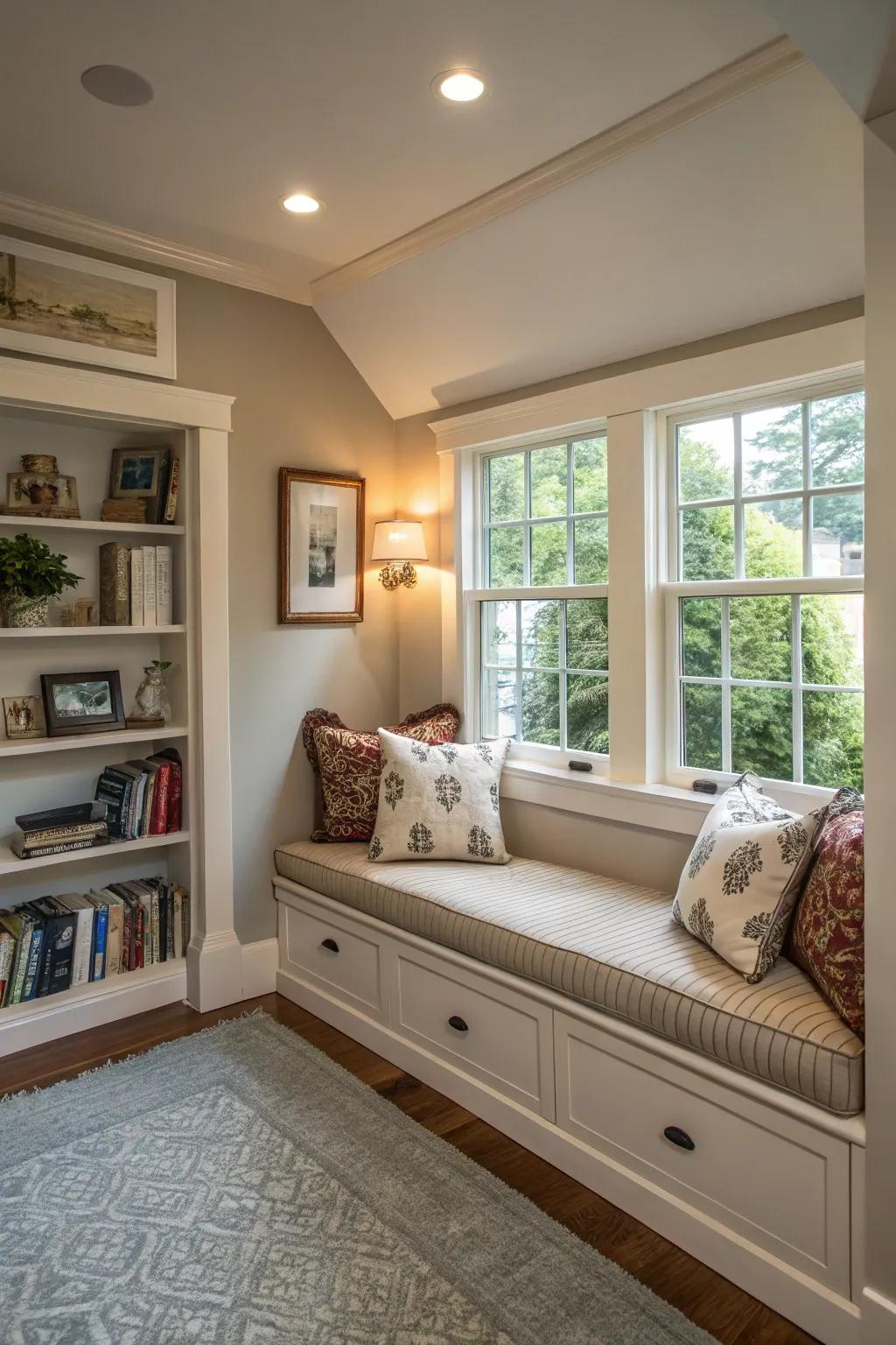Integrated seating optimizes area within a petite living area's architectural design.