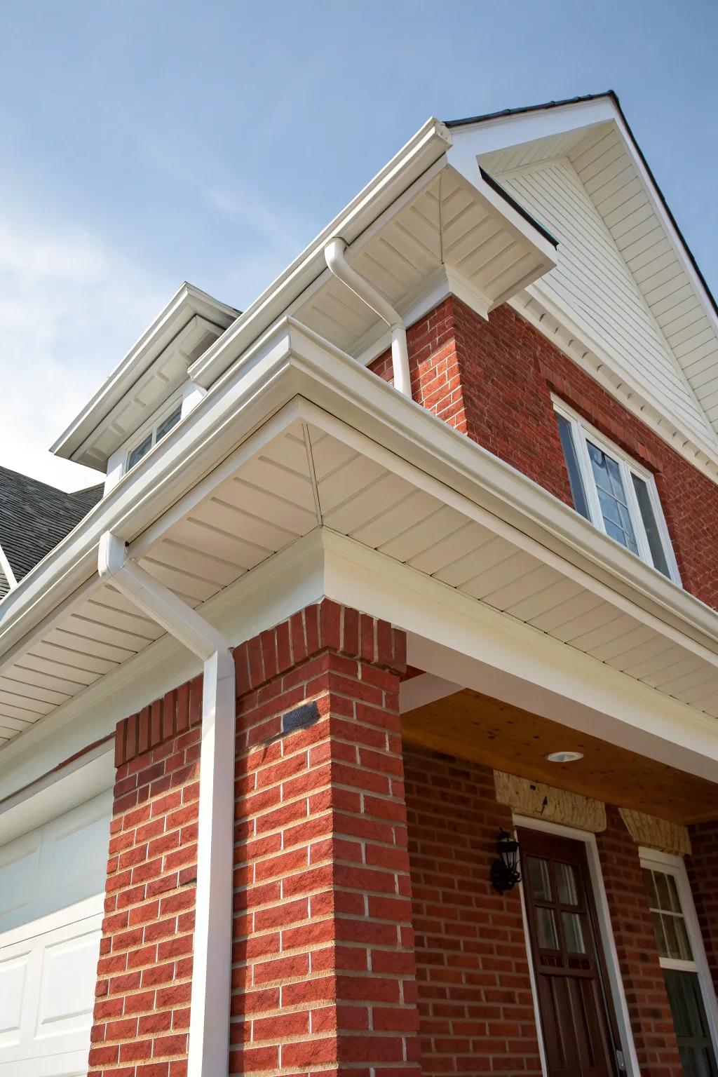 Crisp snow soffit and fascia against red brick for a classic look.