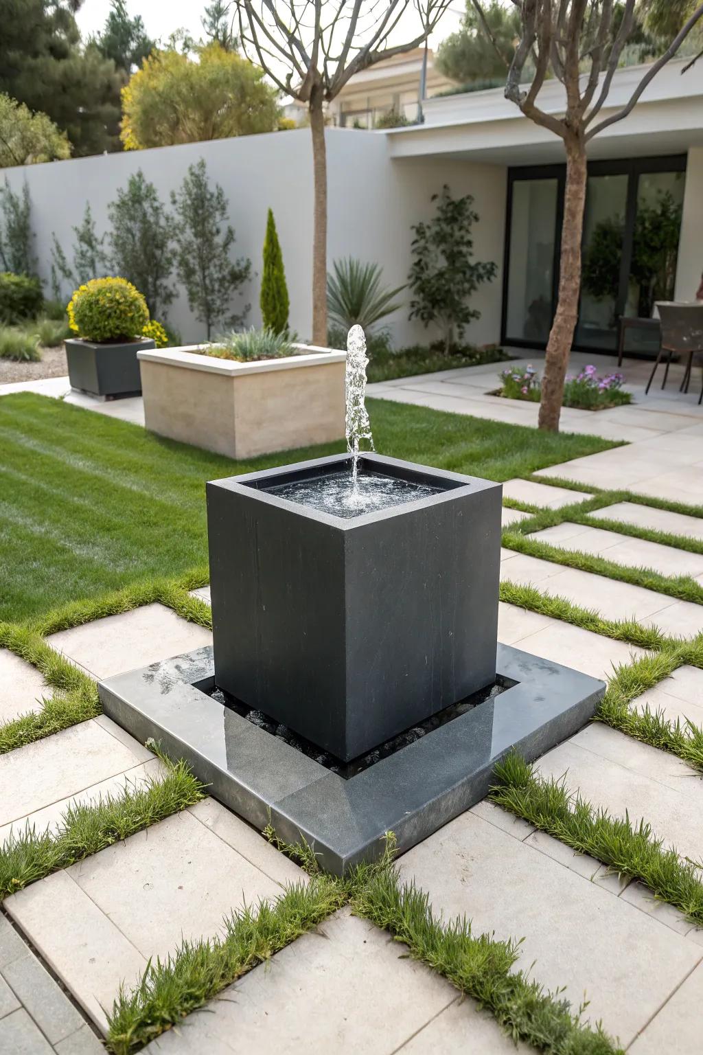 A polished, cube-shaped sun-driven fountain offering modern elegance.