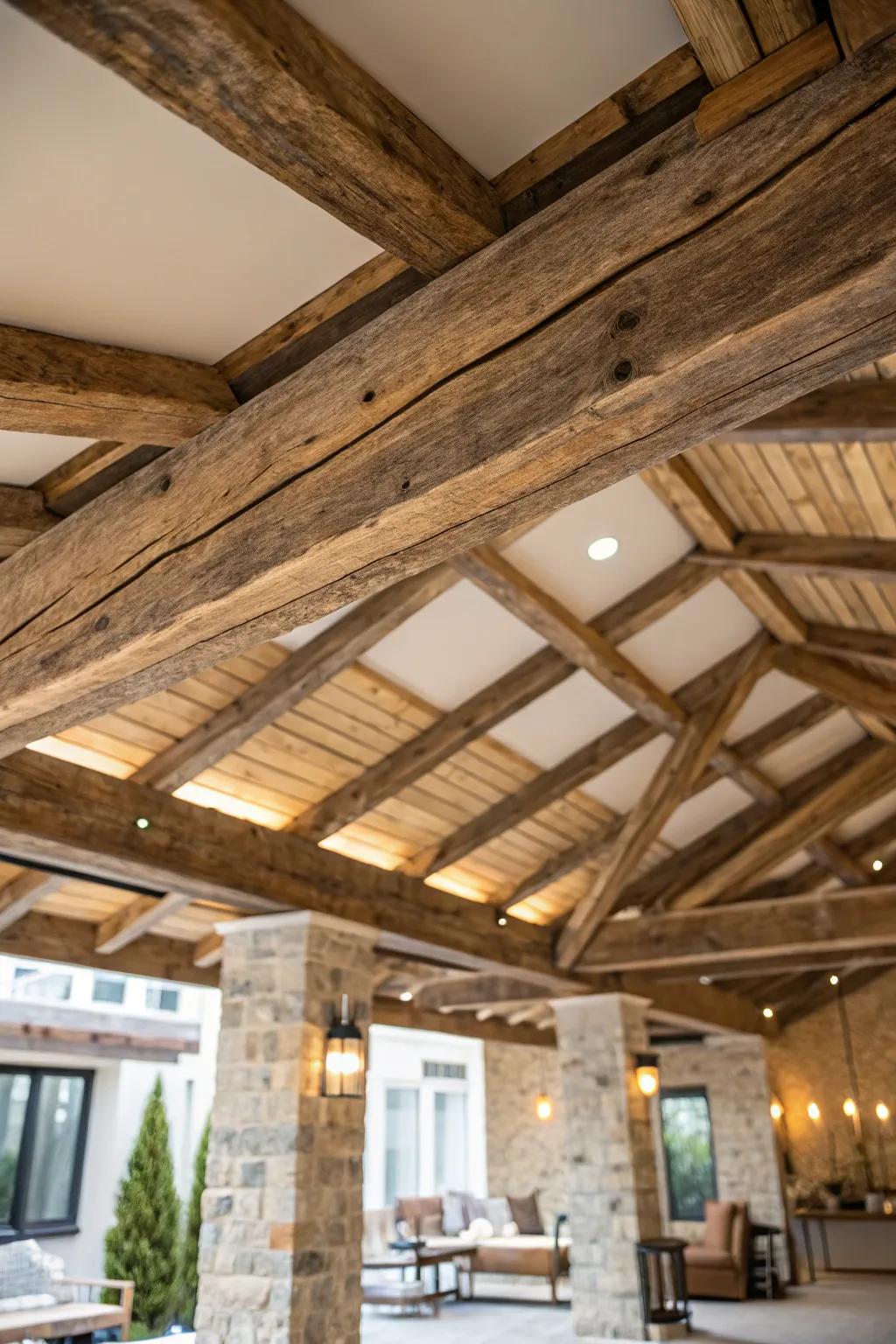 Rustic beams enhance warmth and charm.