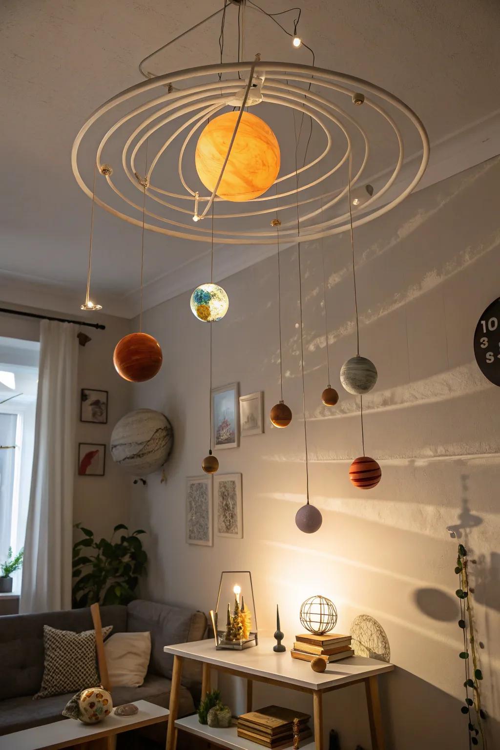 Orbital system mobiles provide an educational and decorative touch.