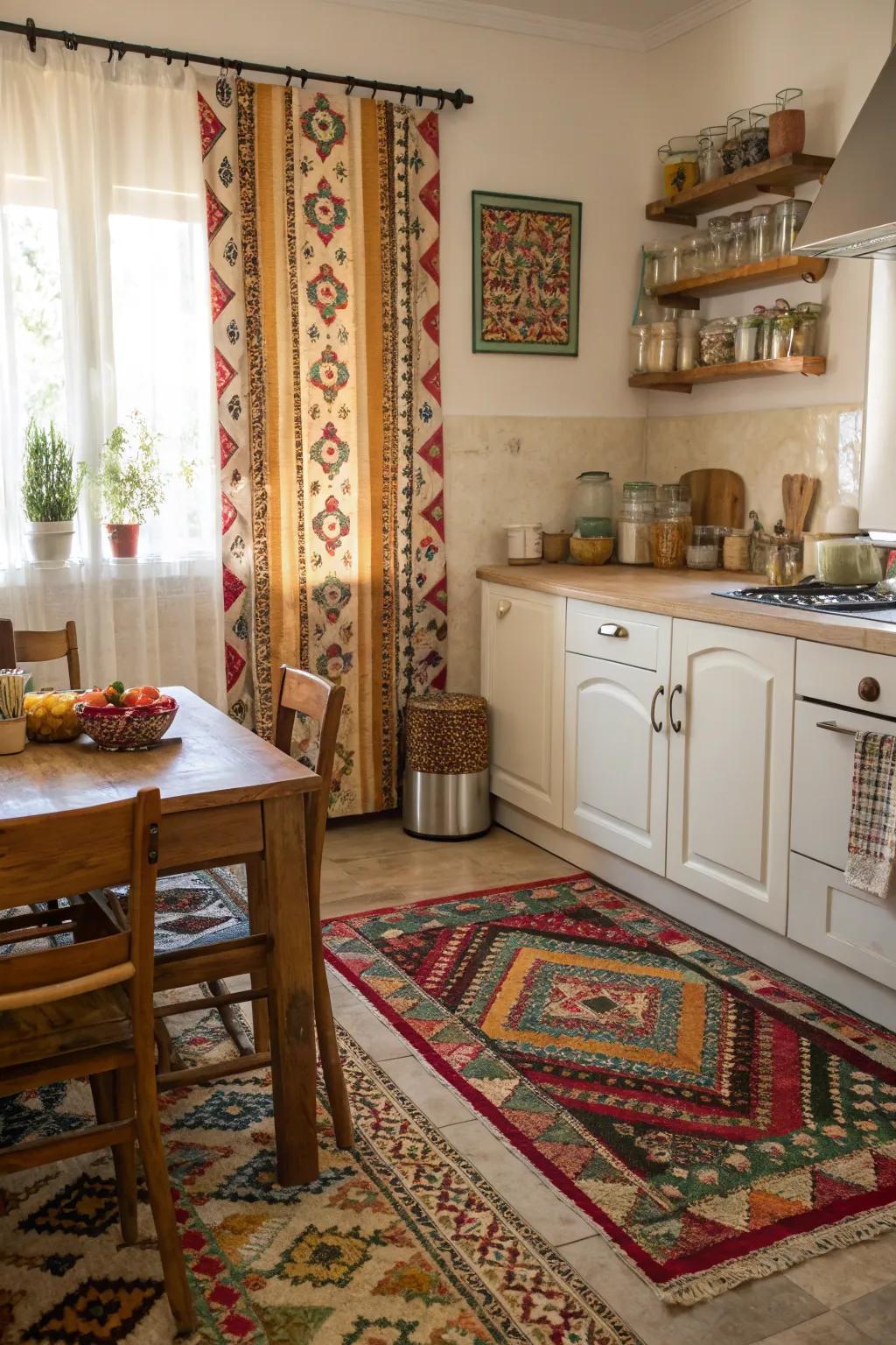 Fabrics contribute vibrancy and warmth to the cooking space ornamentation.