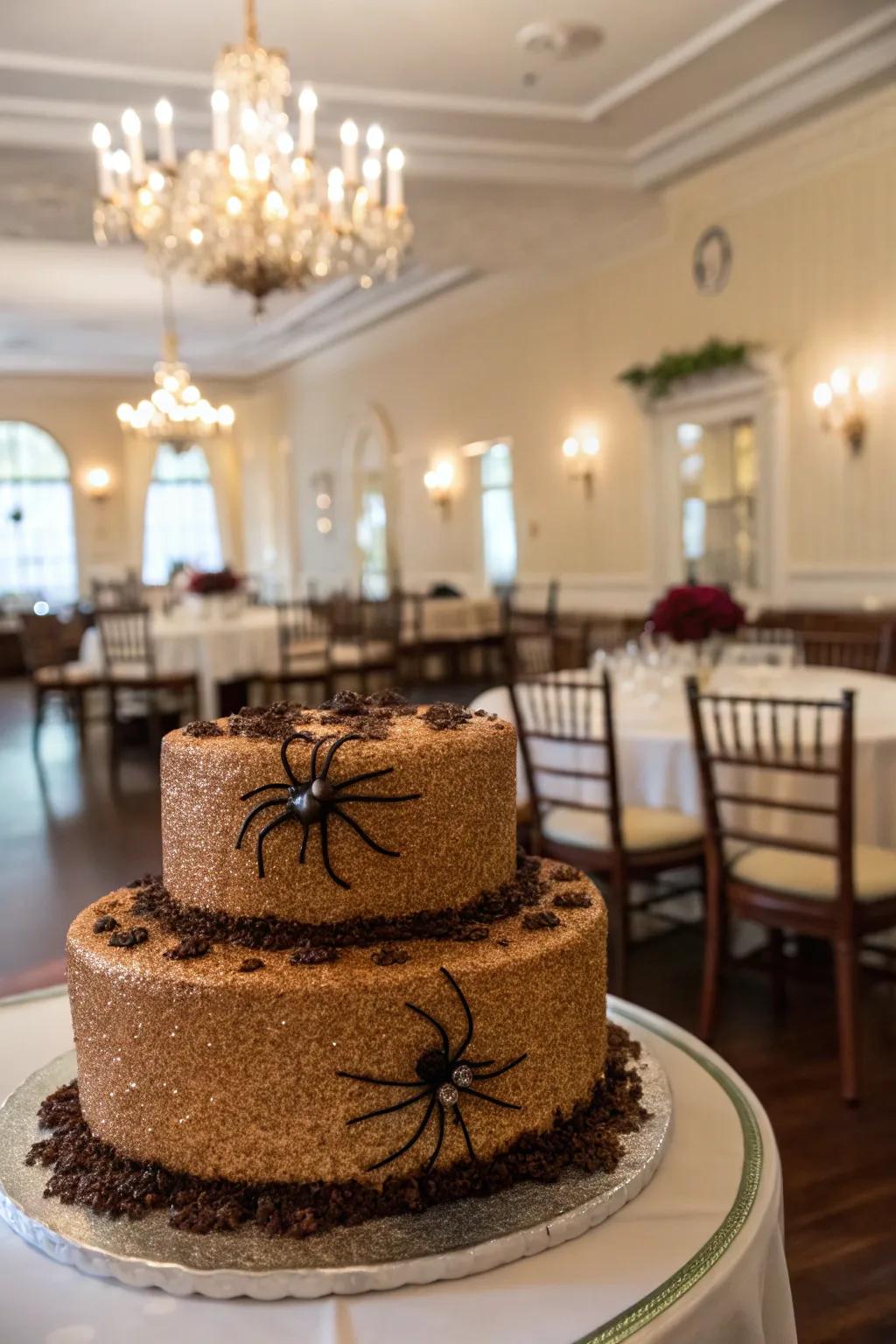 A shimmering spider cake with edible glimmer.