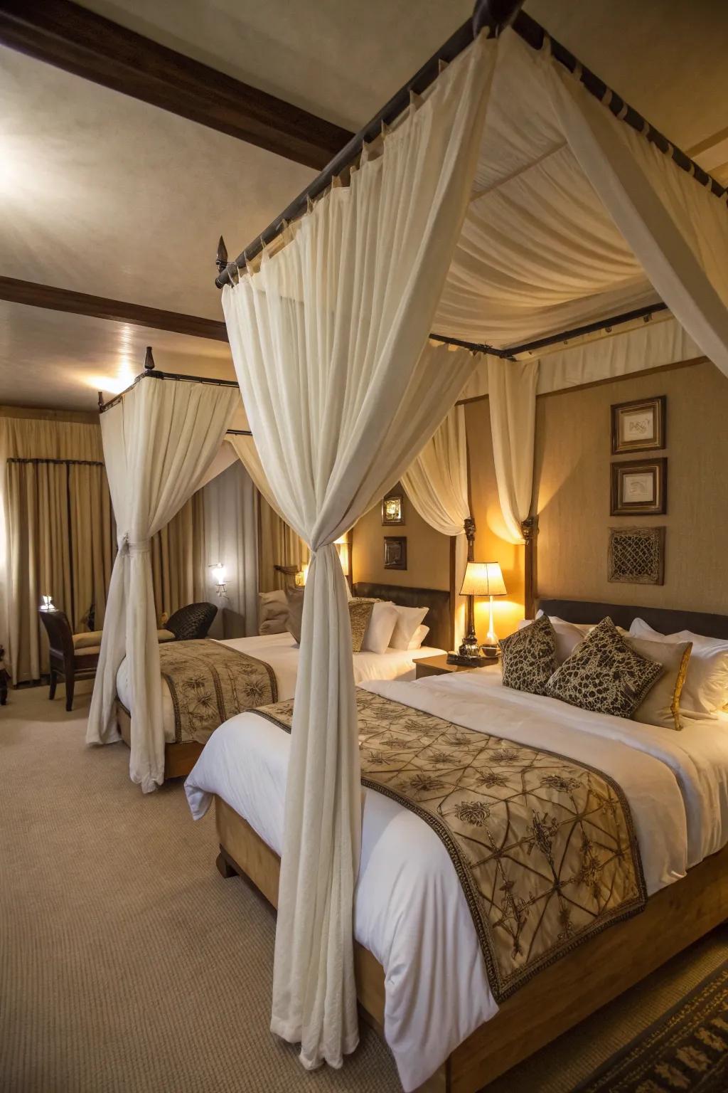 Cozy bedroom with covered beds for added privacy.