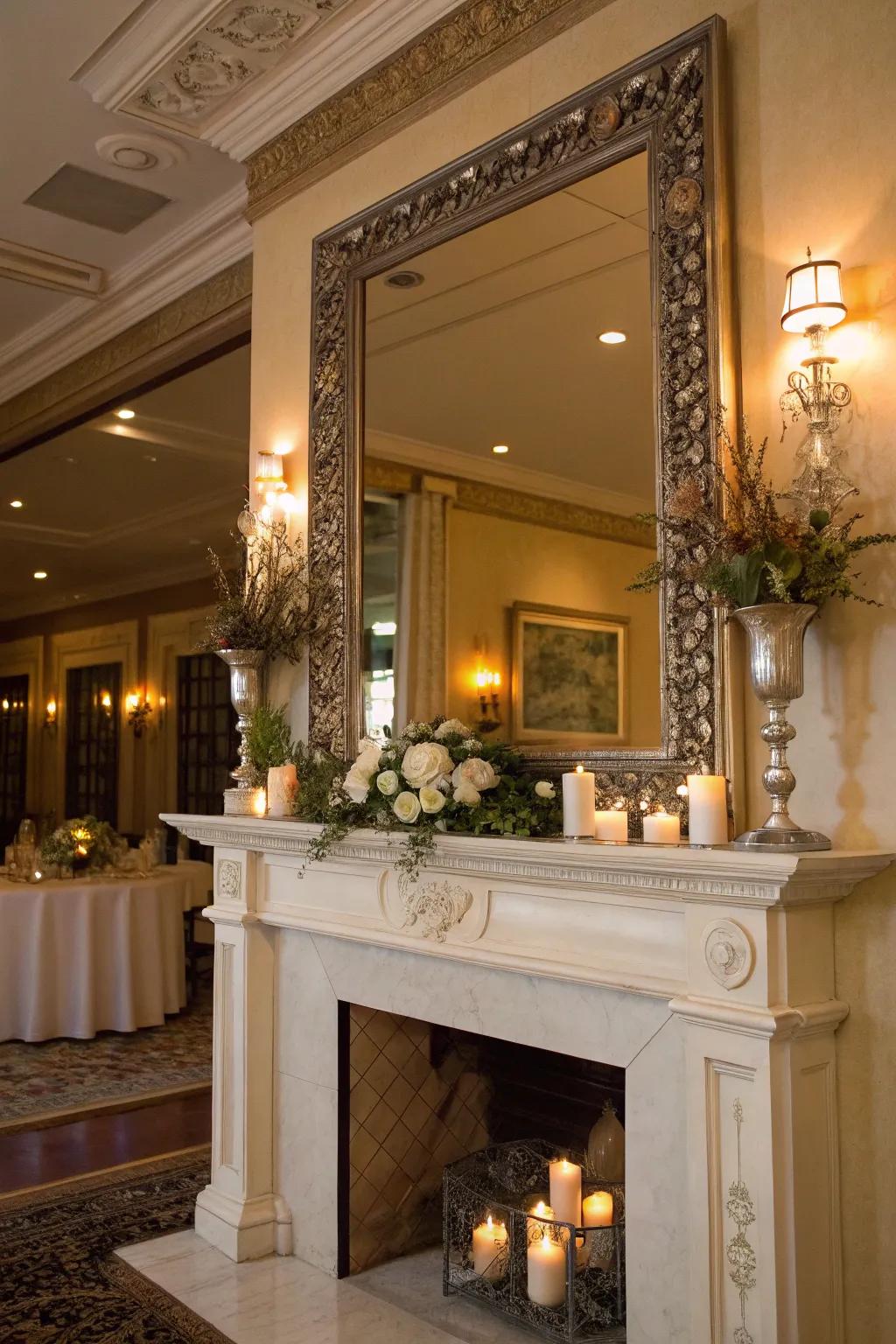 A looking glass amplifies the brightness and space atop your mantel.