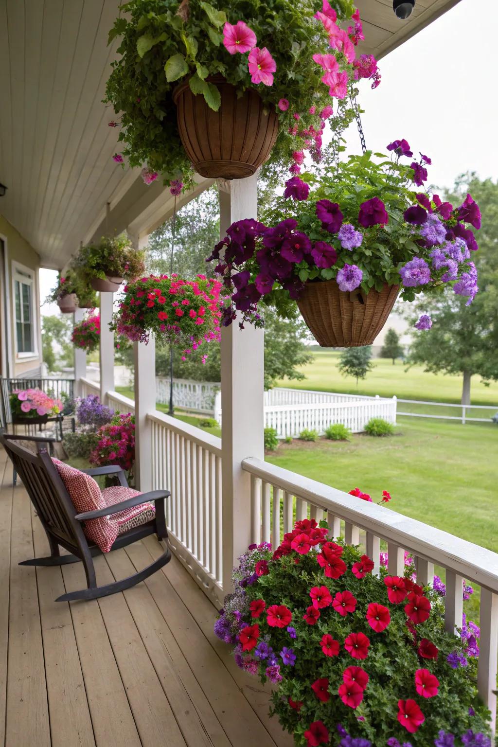 Suspended containers infuse skyward splendor and hue to your porch.