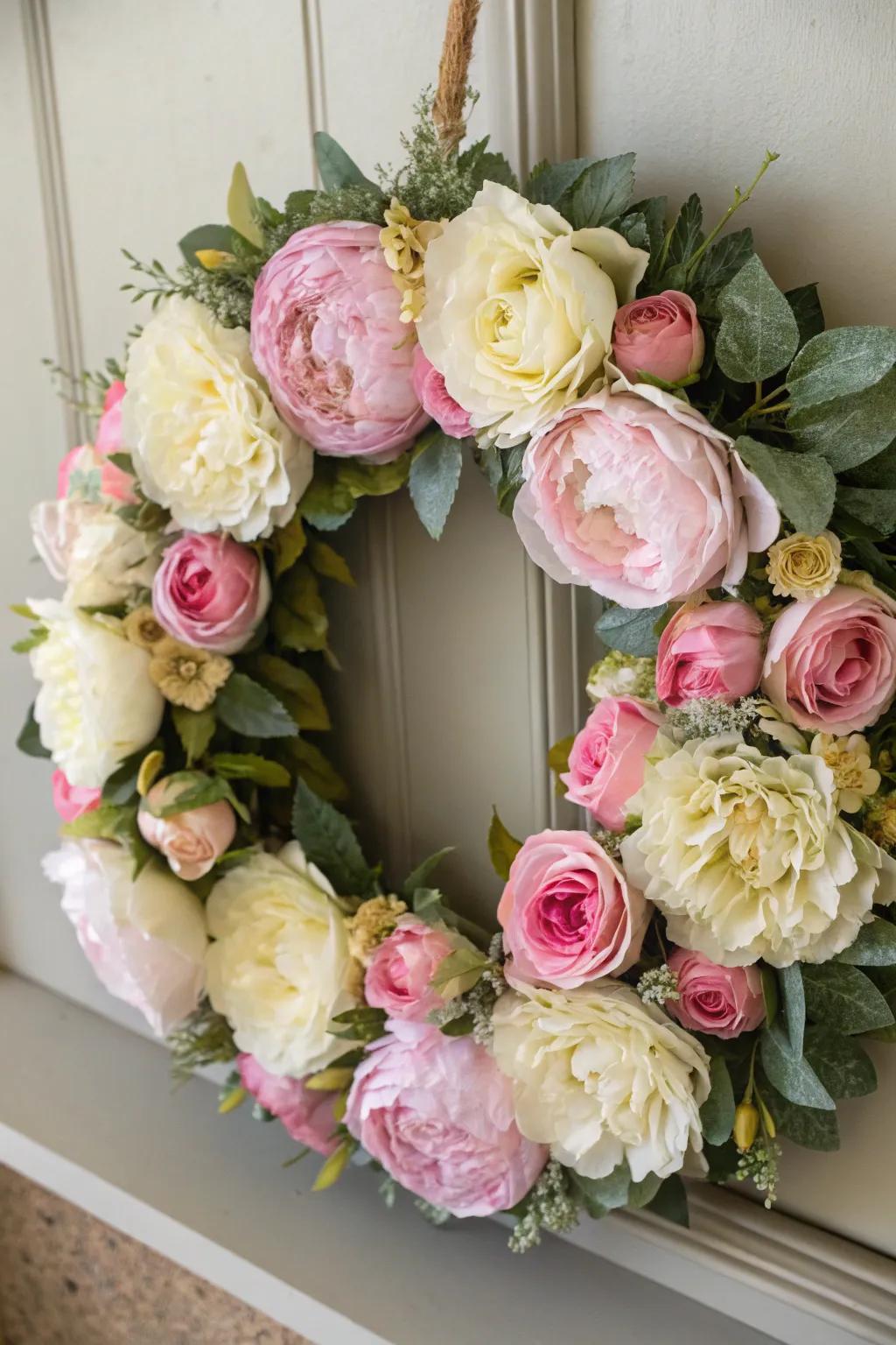 A romantic wreath filled with ageless artificial bloom.