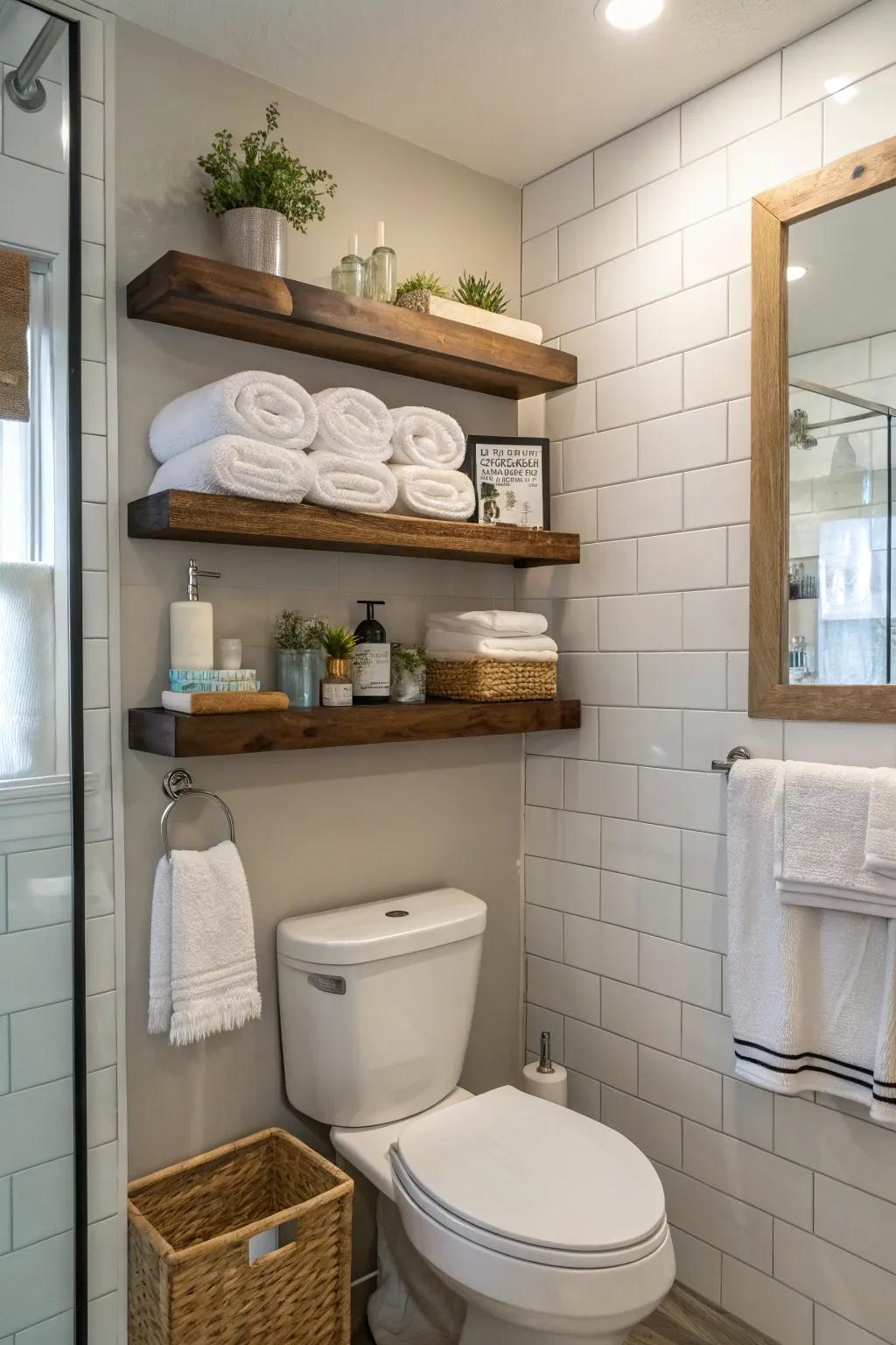 Pragmatic lavatory storage featuring staggered shelves.