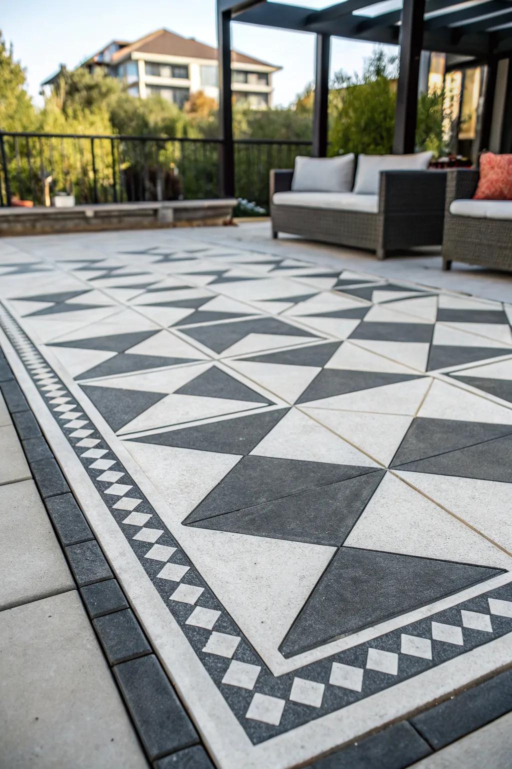 A contemporary patio featuring symmetrical tinted concrete patterns.