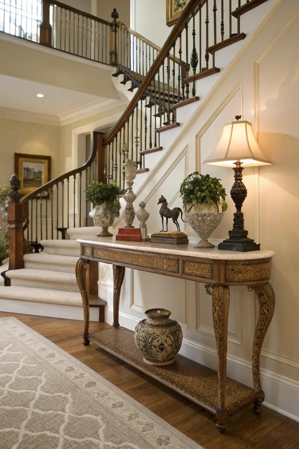 A console table in your stair area offers a chic and functional surface.