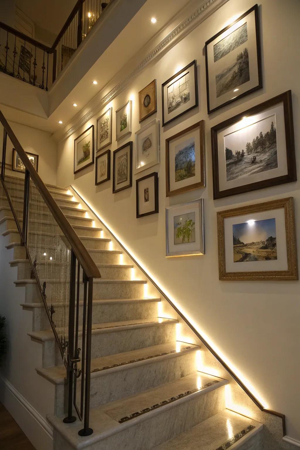 LED illumination has the ability to enhance the elegance of artistic creations on staircase walls.