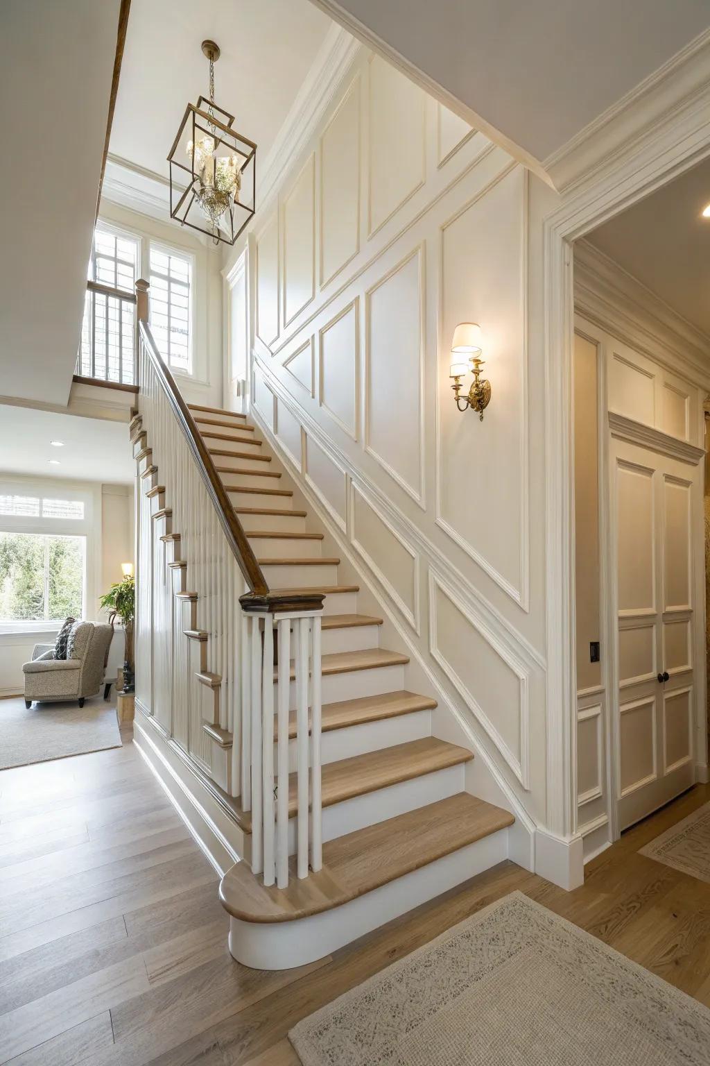 Bright shades and simple decor produce an open and airy staircase.