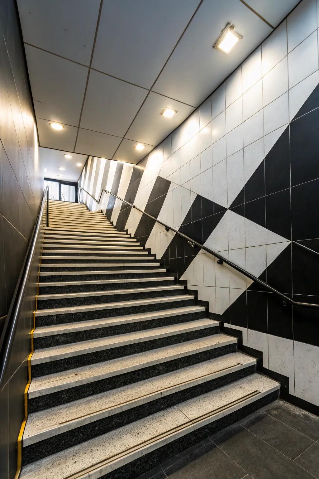 Create visual drama through contrasting colors on your stairway walls.