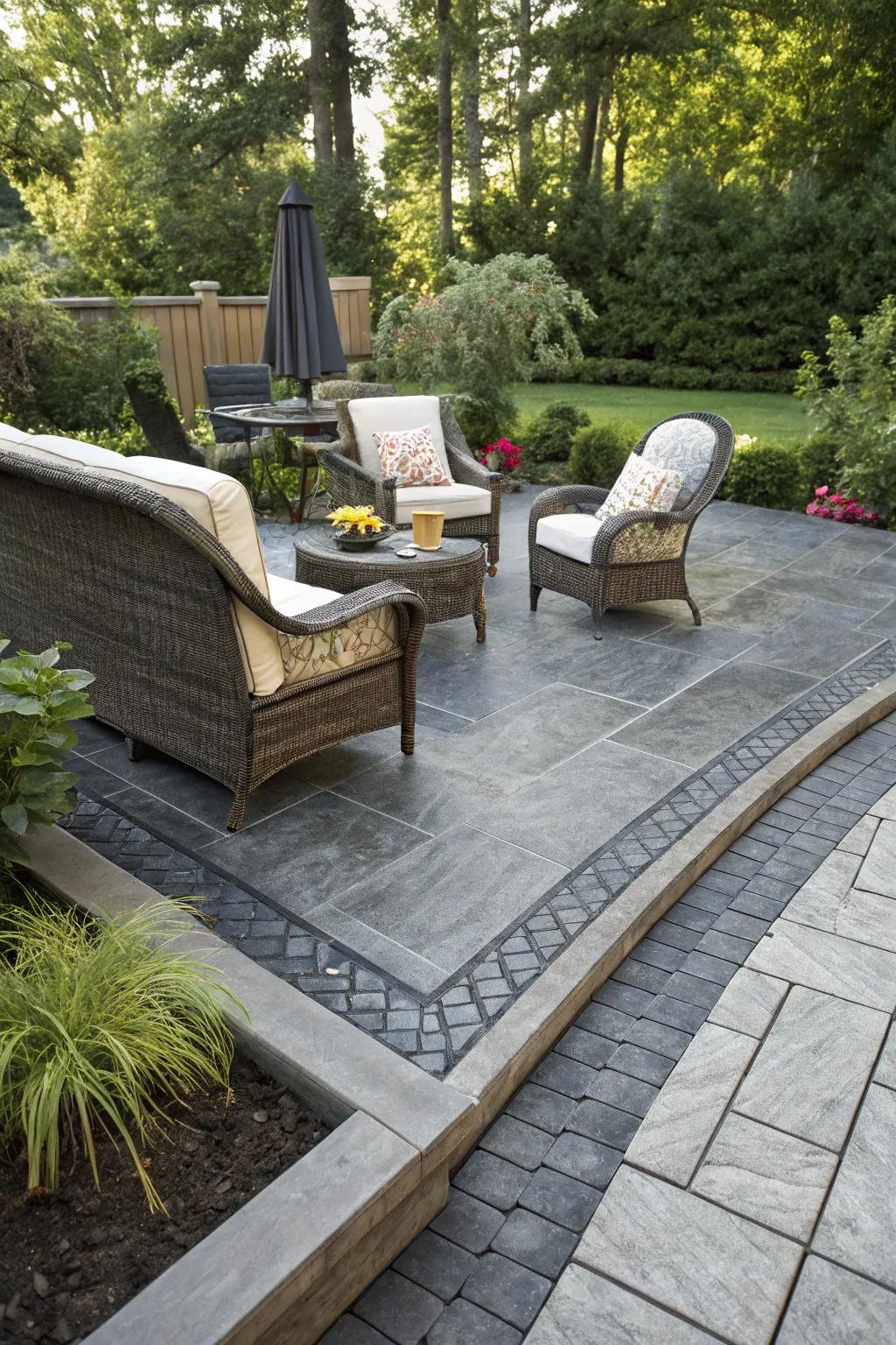 Elegant outdoor area featuring slate-look stamped concrete border